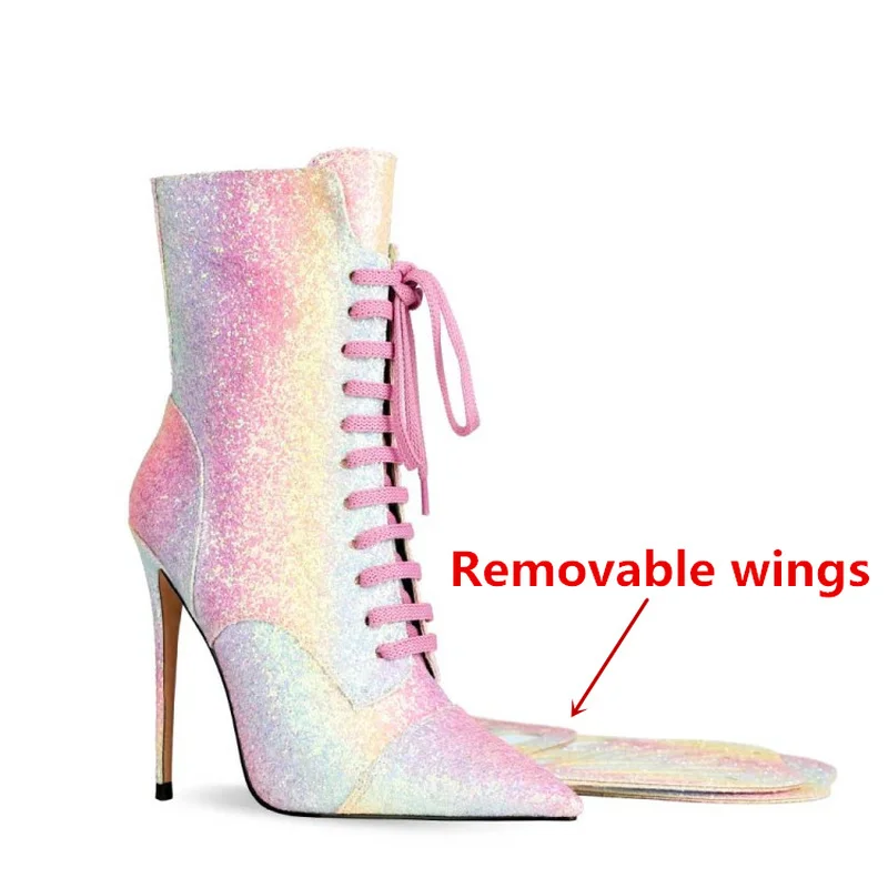 Butterfly High-Heeled Ankle Boots for Women, Pointed Toe Shoes, Lace-up Ankle Boots, Plus Size, European and American