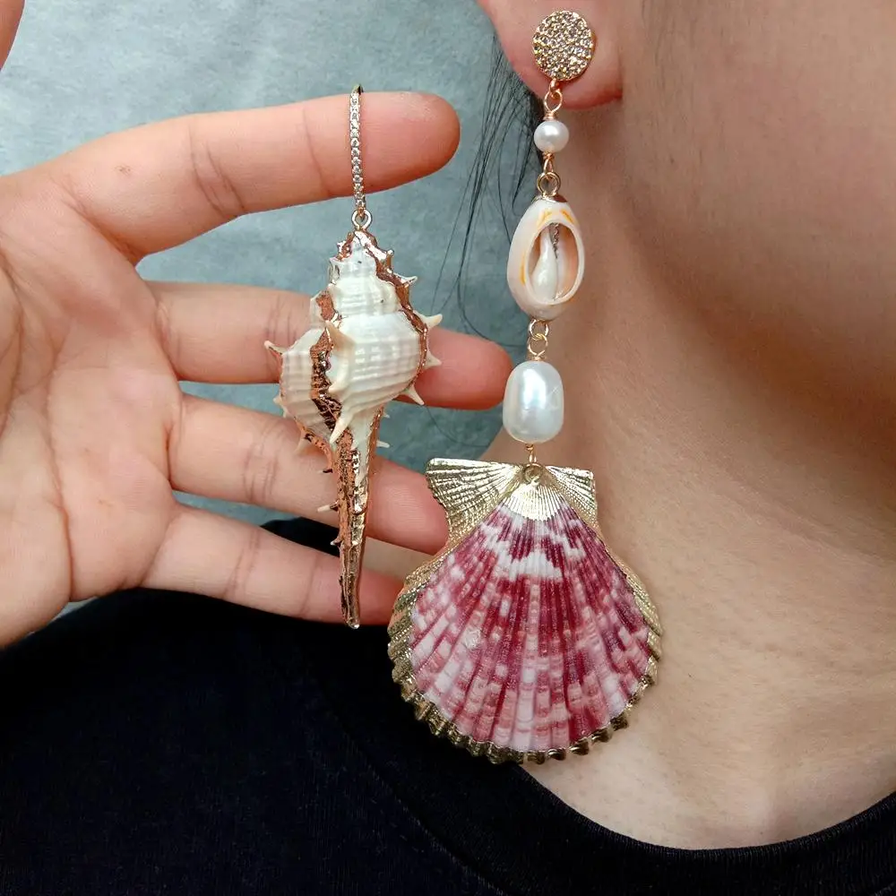 KKGEM hyperbole Style Natural White Rice Pearl Asymmetric spiral sea shell conch  Dangle Stud Earrings