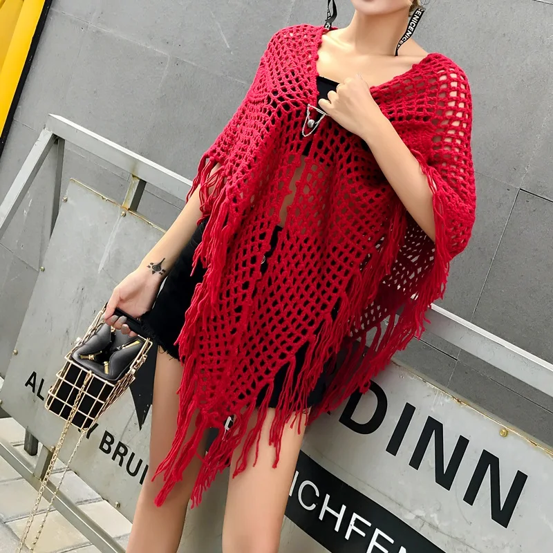 New Women Fashion Handmade Crochet Vintage Elegant Wraps All-Match Hollow Out Tassel Cotton Big Shawl Scarf Cape Outwear