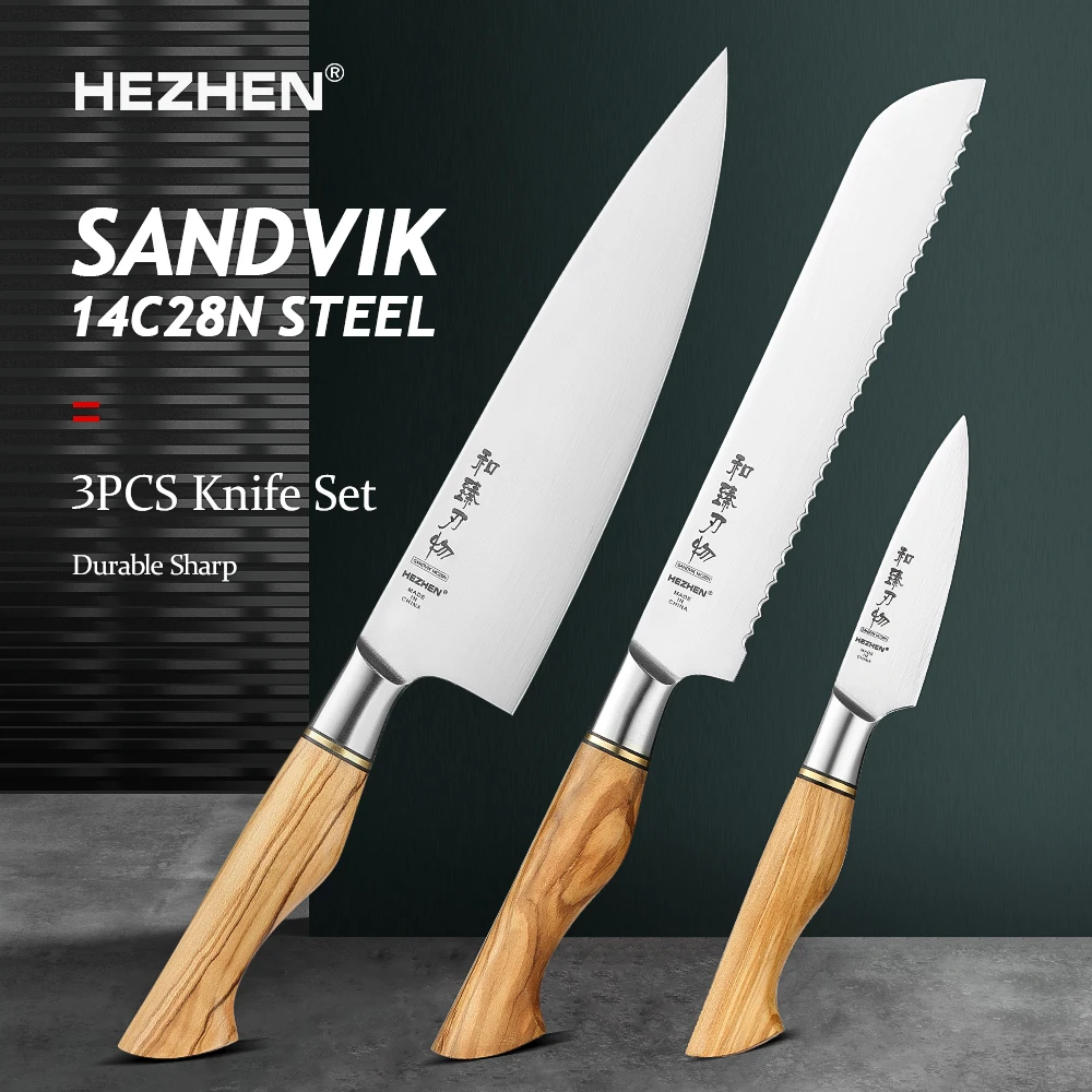 

HEZHEN 3PC Kitchen Knife Set Sandvik 14C28N SteelHandle Chef Paring Bread Knife Olive Wood Handle