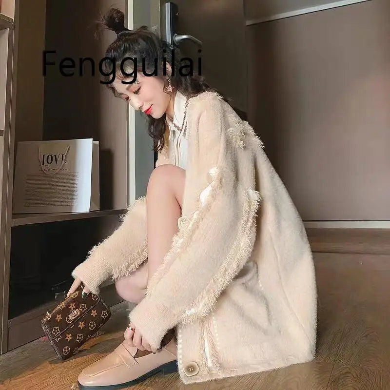 FENGGUILAI Autumn Spring 2020 Sweet Imitation Mink Velvet Coat Female Korean Version  Loose Sweater Joker Knit Cardigan Khaki