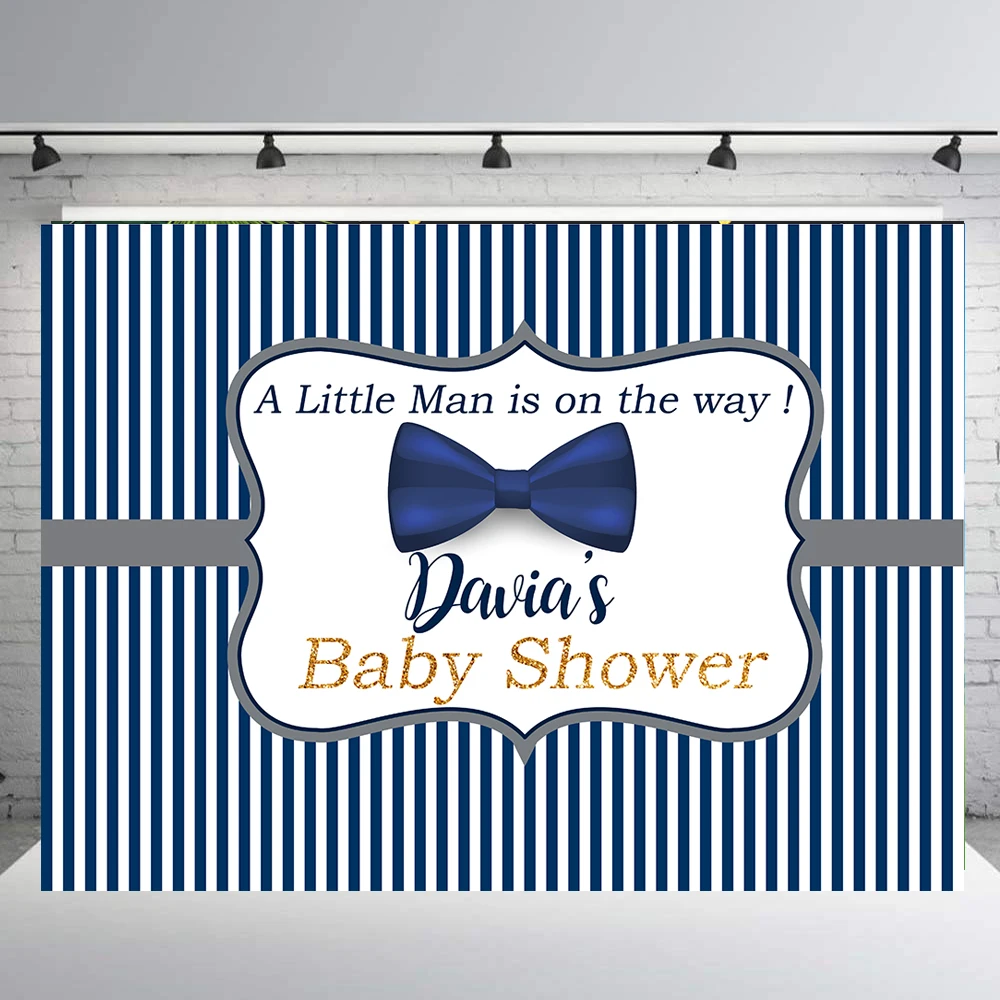 BEIPOTO Little Man Personalized bakdrop Boy Baby Shower Photo Background Blue Bow Tie Stripes Candy Table Banner Studio  B-392