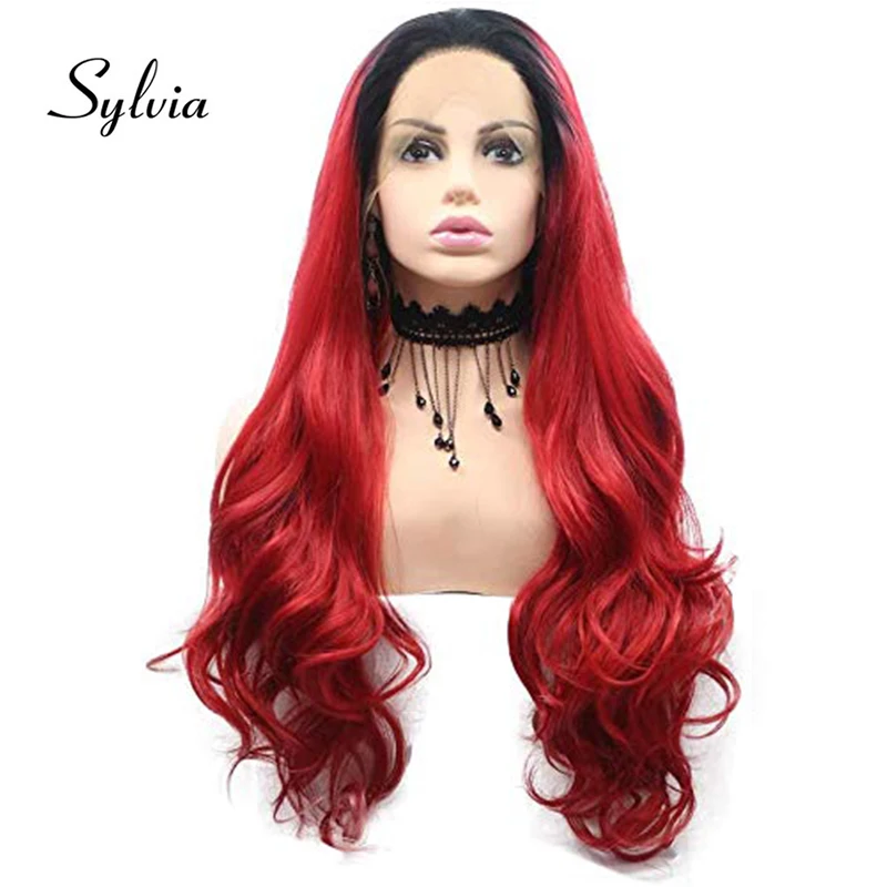 Red Black Ombre Curly Body Wave Synthetic Lace Front Wig Frontal Burgundy 99j Wigs Cosplay HD Transparent Hair For Black Women