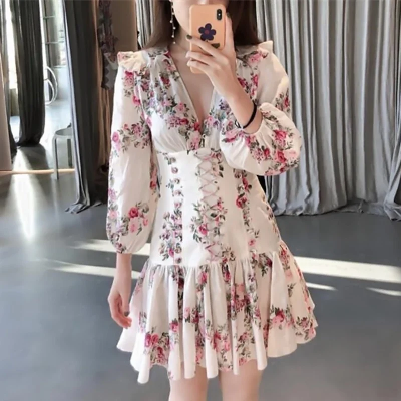 Flowers Vintage Romantic Dress 2022 Fashion Female Casual Slim Fit Ruffle Sweet Dresses Women V-Neck Bandage Boho Short Dress