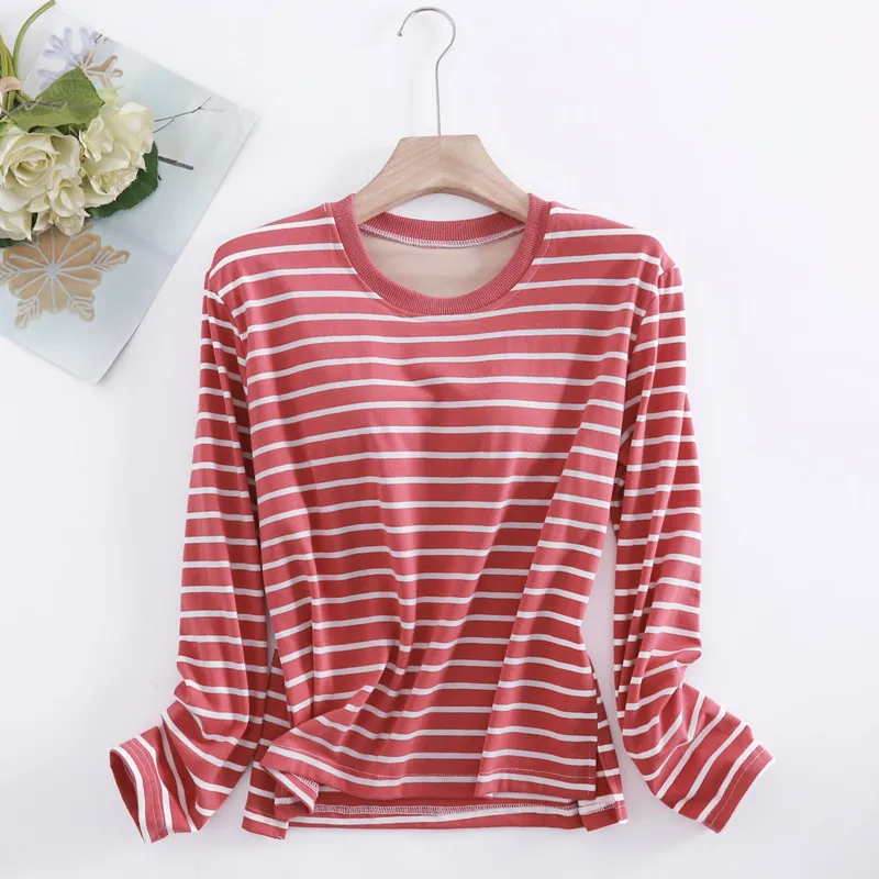 Fdfklak Sexy Chest Pad One Piece Sleep Pajamas Women Casual Striped Long Sleeve Sleepwear Tops Spring Autumn Nightwear Shirt