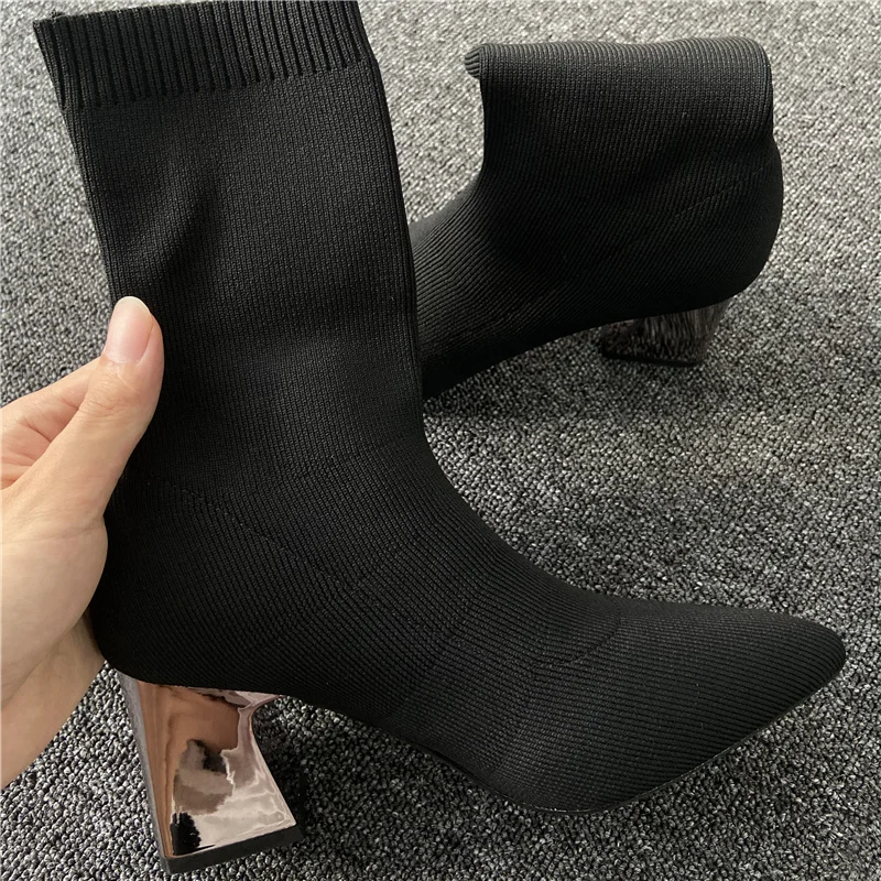 2023 Women Stretch Knitted Sock Boots 7cm 9cm High Heels White Ankle Boots Stripper Low Block Heel Lady Warm Winter Chunky Shoes