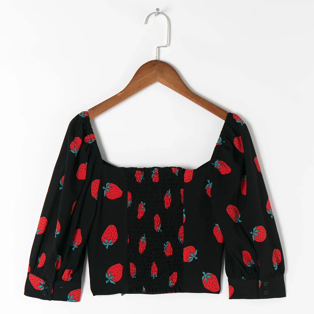 Blouses Women Casual 2021 Fashion Sweetheart Neck Tie Bow Strawberry Print Blouse Back Smocked Slim Fitted Puff Sleeve Crop Top
