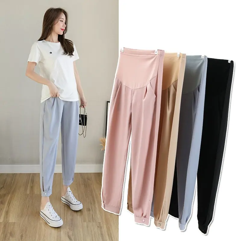 Chiffon Thin Summer Maternity Ankle Pants Fashion Split Button Design Clothes For Pregnant Women Pregnancy Casual Harem Trousers