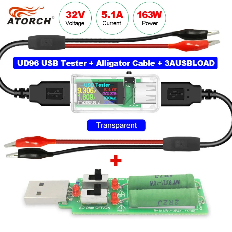U96 USB tester DC woltomierz cyfrowy amperymetro power bank ładowarka wskaźnik miernik napięcia prądu detektor + obciążenie + aligator