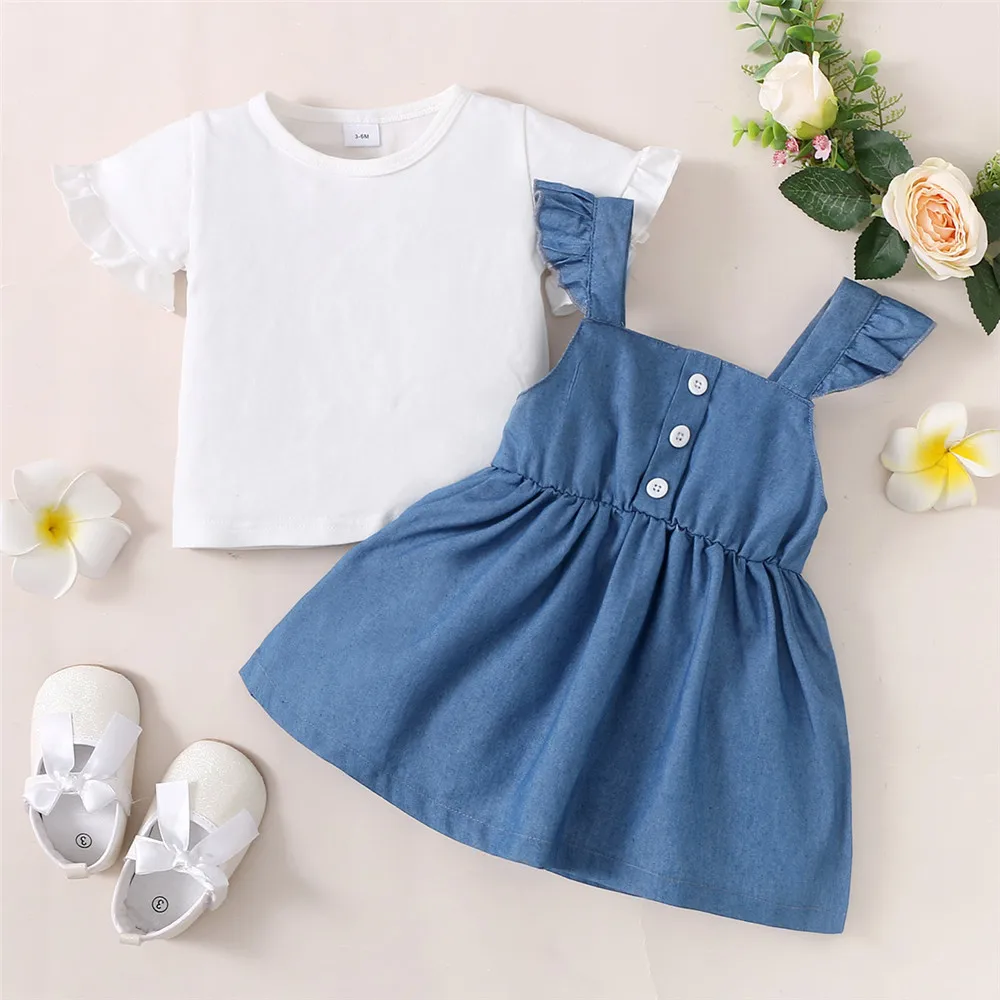 Summer Baby Girl Clothes 6 Months Cotton White Short-sleeved Top+Blue Denim Buckle Strap Skirt Back Hollow Bow Design Baby\'s Set