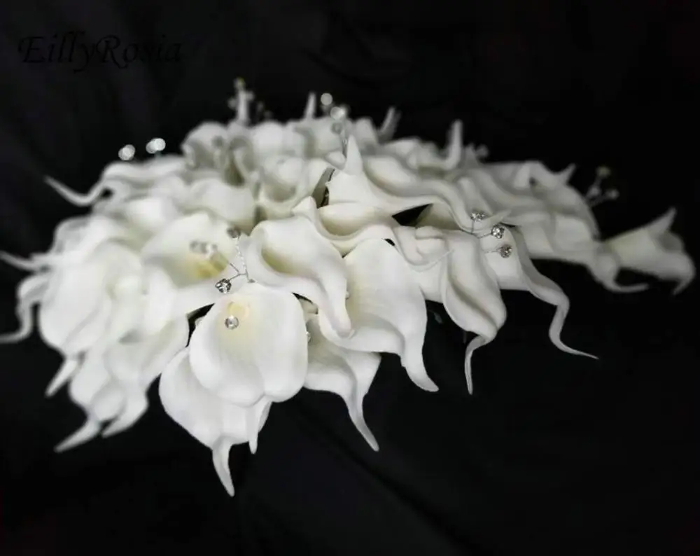 EillyRosia – Bouquet de mariée en cascade blanche, fleurs de mariage, Cala Lily, tropicale, goutte d'eau, avec strass, toucher réel