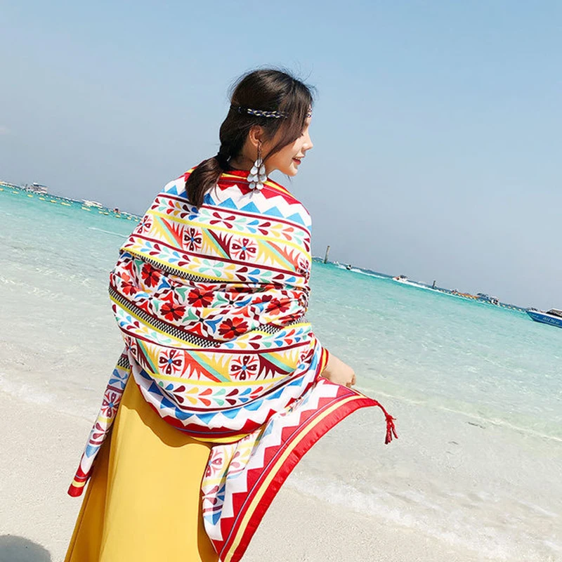 Beach Travel Scarf 2022 Summer New Women Luxury Cotton Bohemian Print Shawl Scarves Women\'s Beach Pareos Bandana Foulard Femme