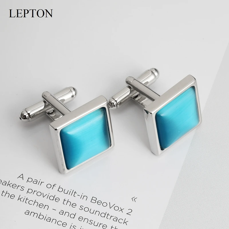 LEPTON Sky Blue Cat Eye Pietra Gemelli per Mens Polsini Della Camicia Gemello Donne di Modo Quadrati Gemelli Relojes di trasporto Gemelos Best regalo