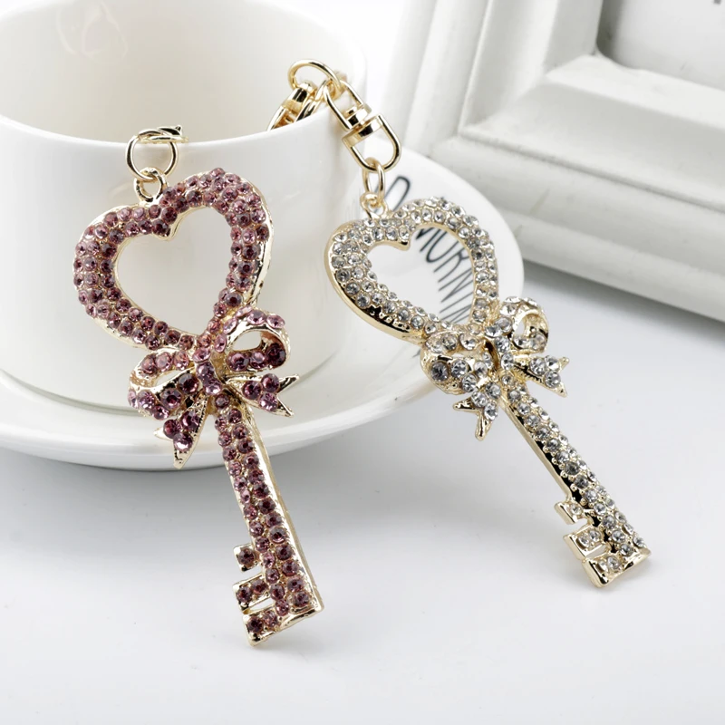 Fashion Crystal Keys Shape Charm Keychain Knot Girl Bag Pendant Key Trinket Crystal Rhinestone Heart Key Rings Llaveros Shiny