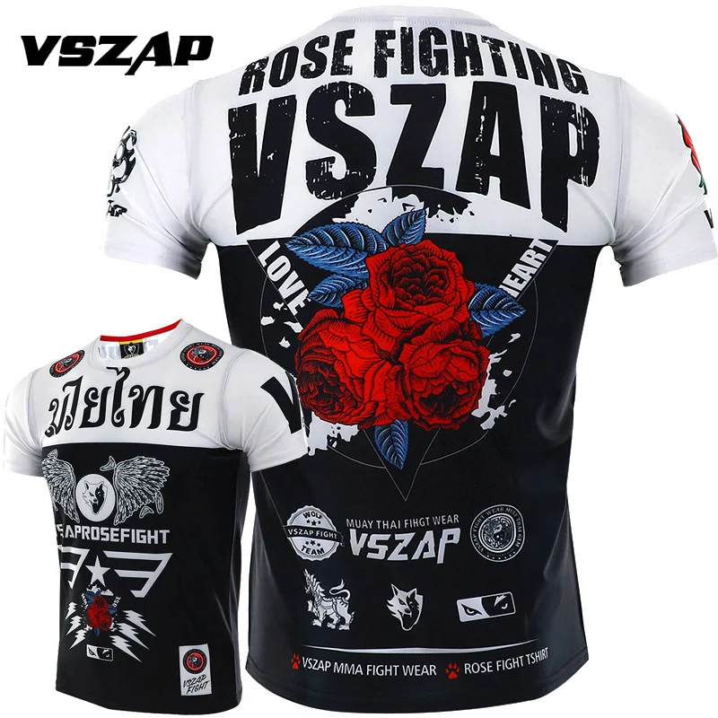 

VSZAP Rose Short-sleeved Quick-drying Clothes Men Fitness Stretch T-shirt Muay Thai MMA Sports Fighting Fight Broadcast Tshirts