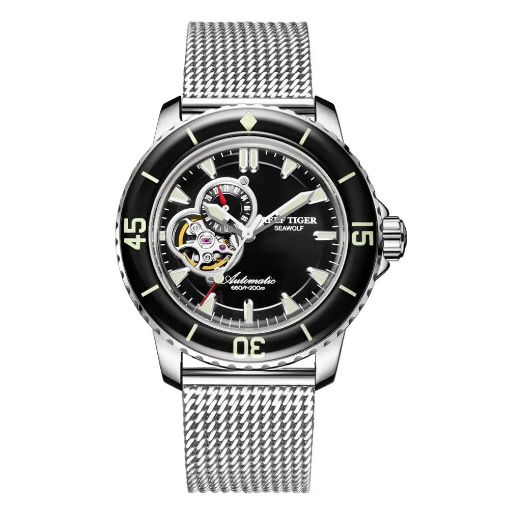 men dive watch,mens automatic watches Reef Tiger skeleton sport clock 20ATM waterproof wristwatch self wind mechanical relogio