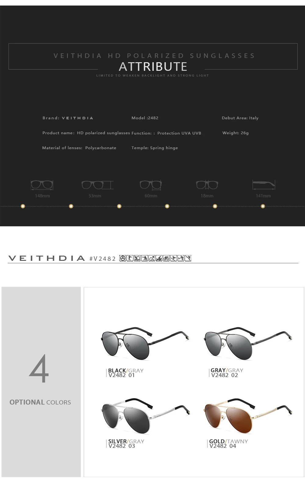 VEITHDIA Marke männer Sonnenbrille Vintage Polarisierte UV400 Objektiv Outdoor Klassische Frauen Sonnenbrille Fahren Brillen Für Männliche 2482 – Detail 6