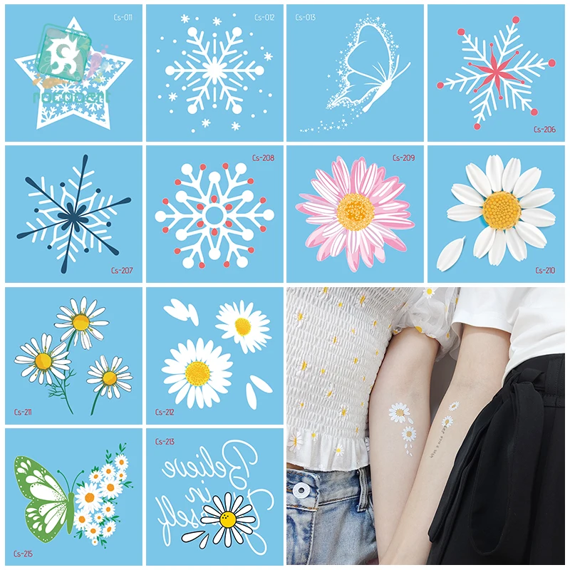 6x6cm Small Size Sexy Flower Temporary Tattoo White Daisy Butterfly Tatouage Women Face Body Art Fake Waterproof Tattoo Sticker