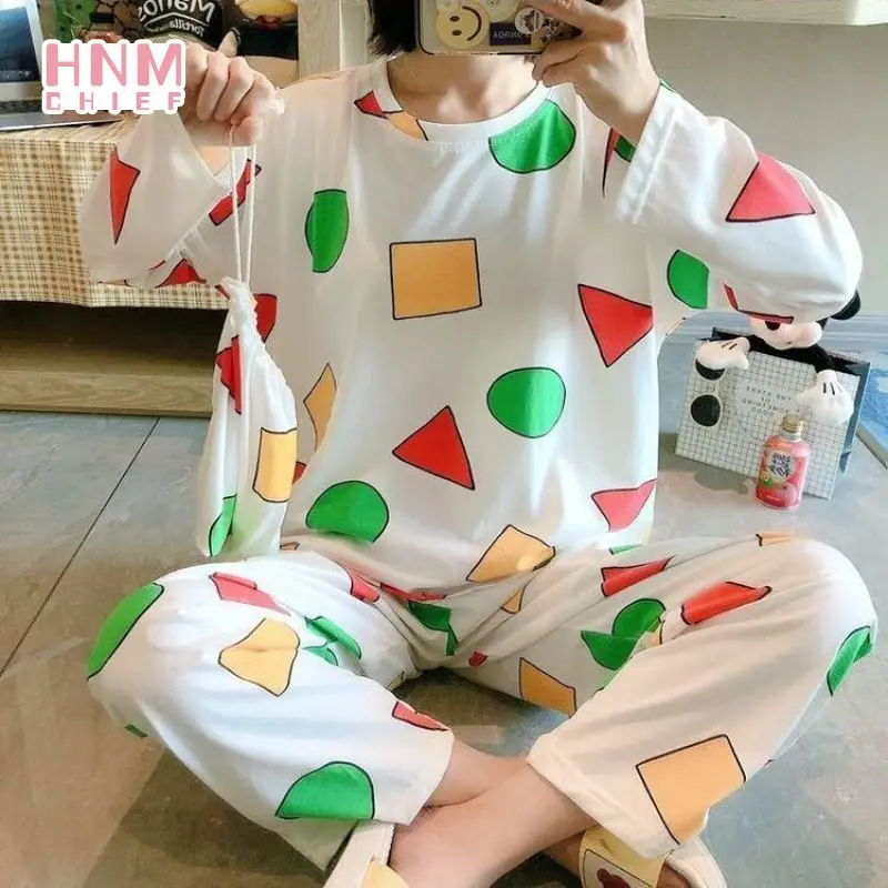 Women Korean Cute Casual Long Sleeve Autumn Student Cartoon Print Pijama Sinchan Hombre Home Comfort Cotton Pajama Sets Sinchan