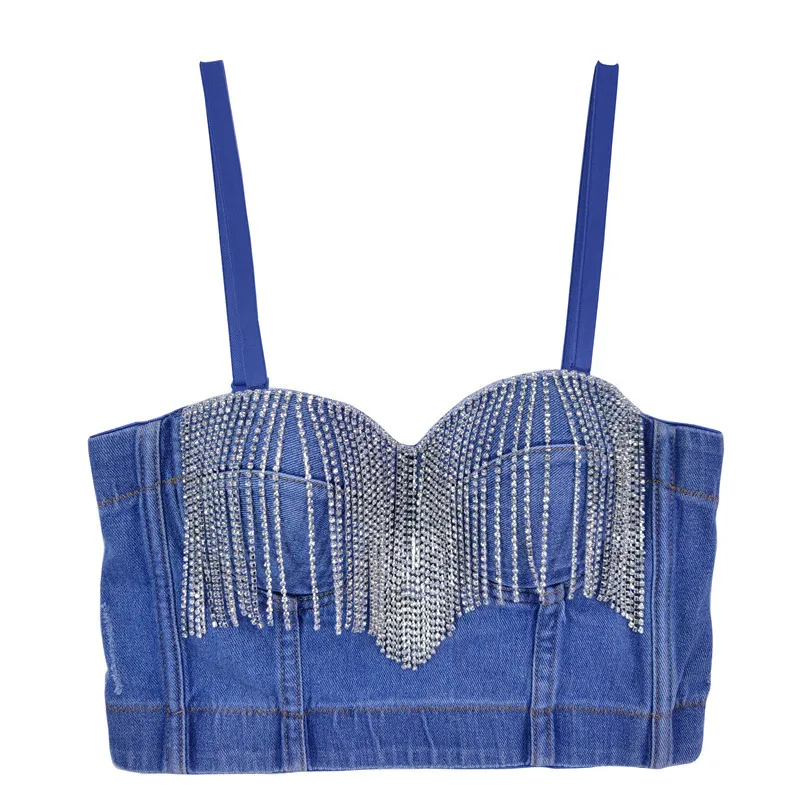 Cupnaya Glitter Diamante Fringes Women Denim Blue Crop Top Summer Sexy Ladies Spaghatti Strap Bustier Bralet Tanks Vest Cami