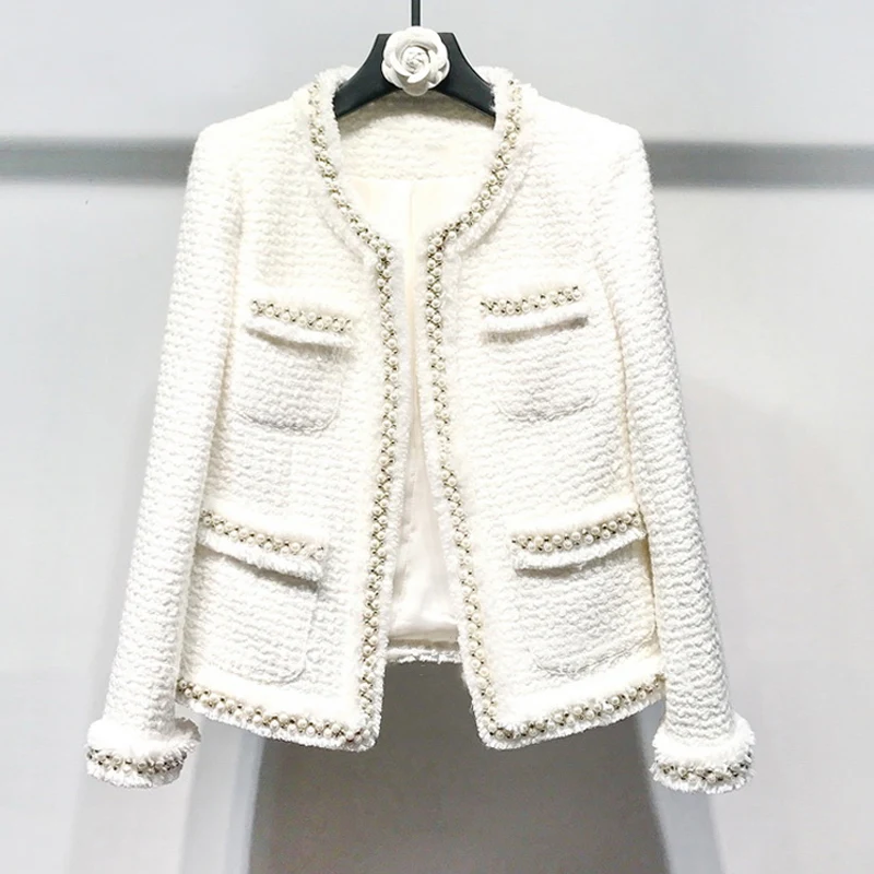 Chaqueta de tweed blanca para mujer, con cuentas hechas a mano abrigo de lana, chaqueta clásica de lana para mujer, Primavera/Otoño/Invierno