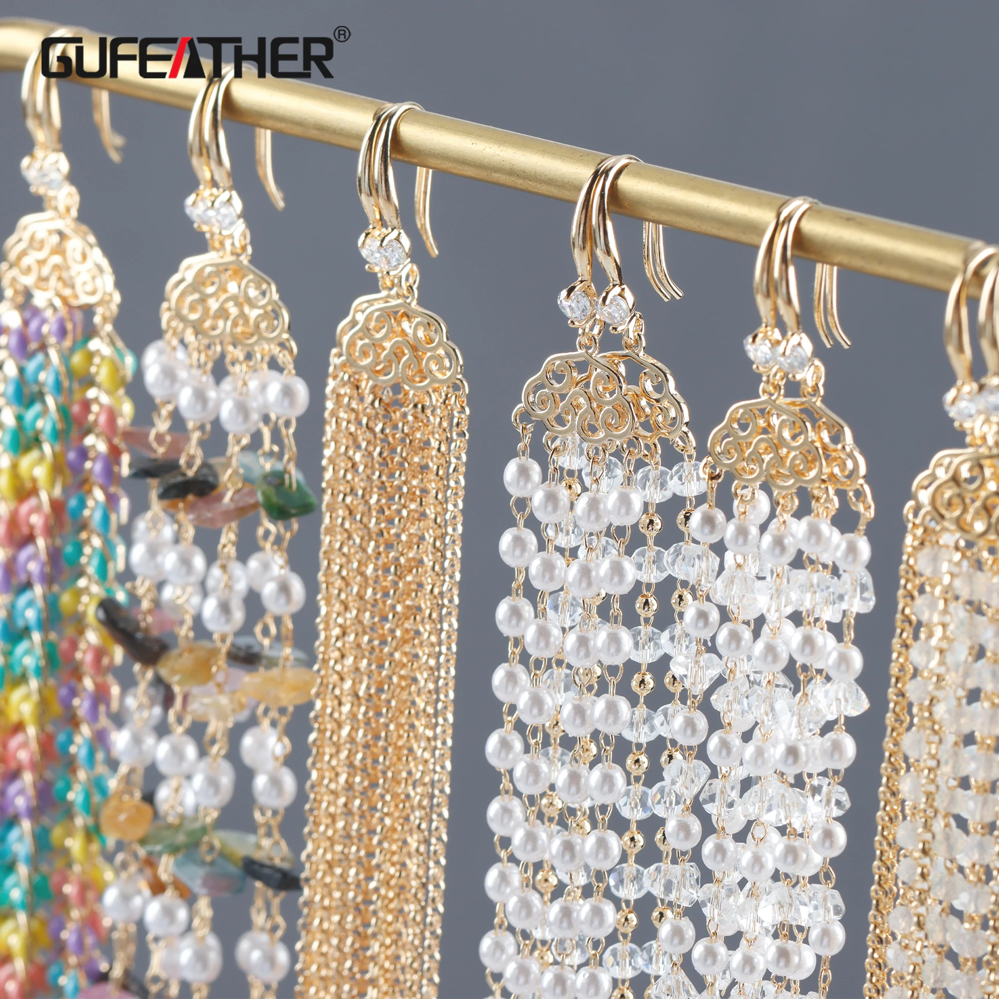 GUFEATHER M1076,แฟชั่นเครื่องประดับหูโซ่,Pass REACH,นิกเกิลฟรี,ทอง18K ชุบ,ทองแดง,Zircons ต่างหูสำหรับของขวัญสตรี,1คู่/ล็อต