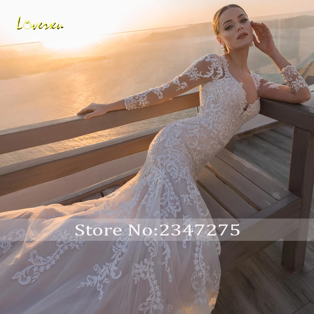 Loverxu-Vestido De Novia De manga larga, traje Sexy De encaje con escote Corazón, sirena, ilusión, cola, trompeta, 2023