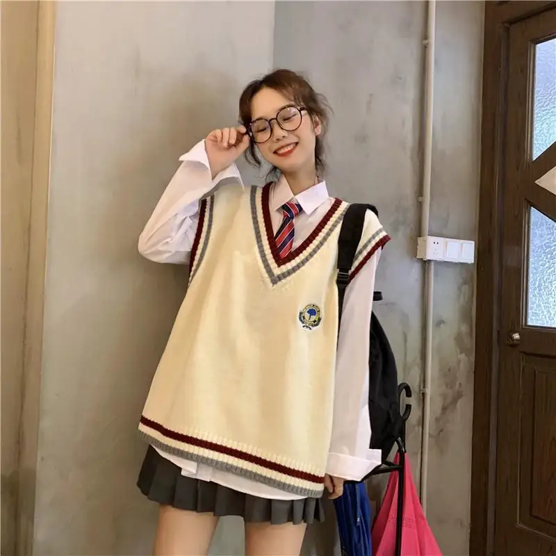 2021 Japanese-style Pullover Spring And Autumn JK College Style Loose Sleeveless Sweater Knitted Vest V-neck School Girl Uniform