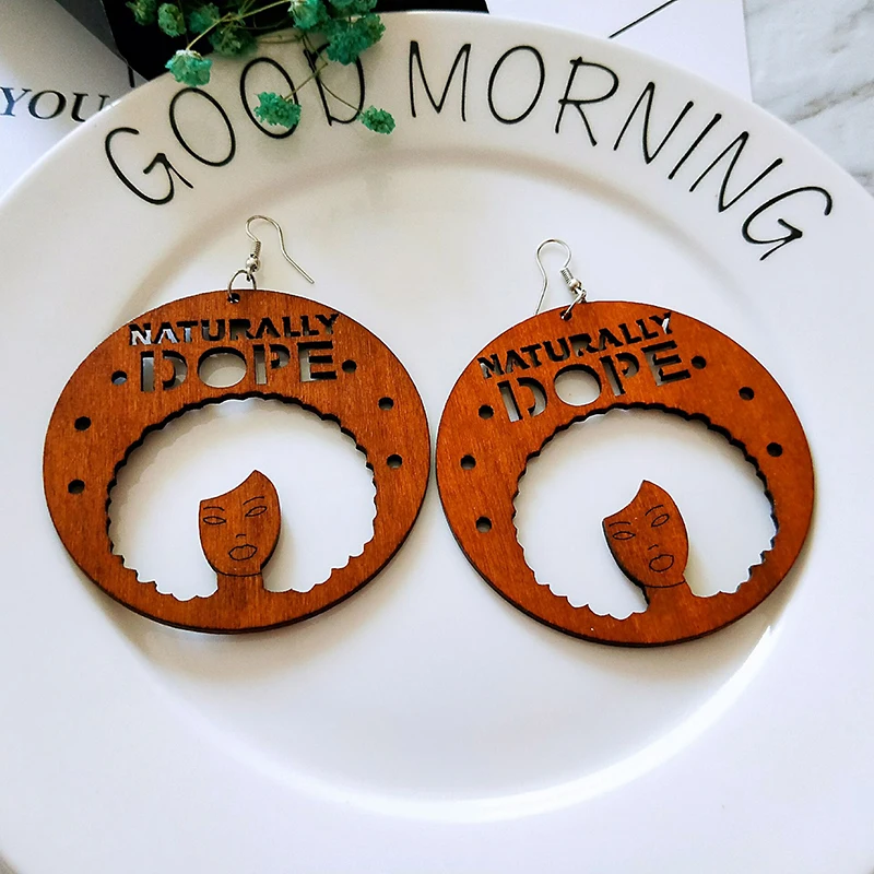 Colorful Wood Africa Naturally Dope Letters Queen Black Rock Earrings Vintage Brown Wooden Fashion African Hiphop Party Jewelry