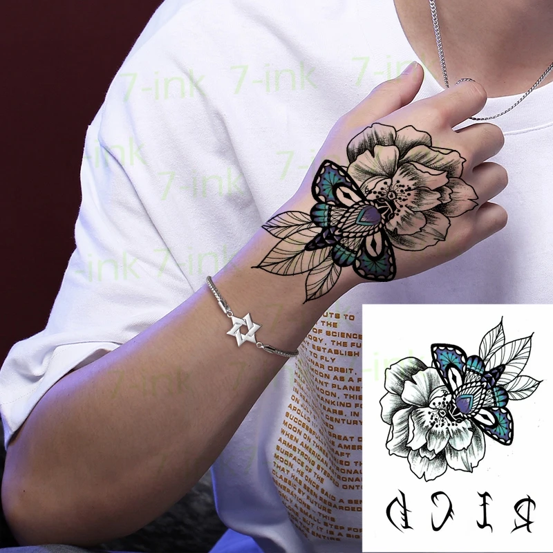 Waterproof Temporary Tattoo Stickers Black Peony Flower Blue Butterfly Leaf Art Tatto Flash Tatoo Fake Tattoos for Women Men