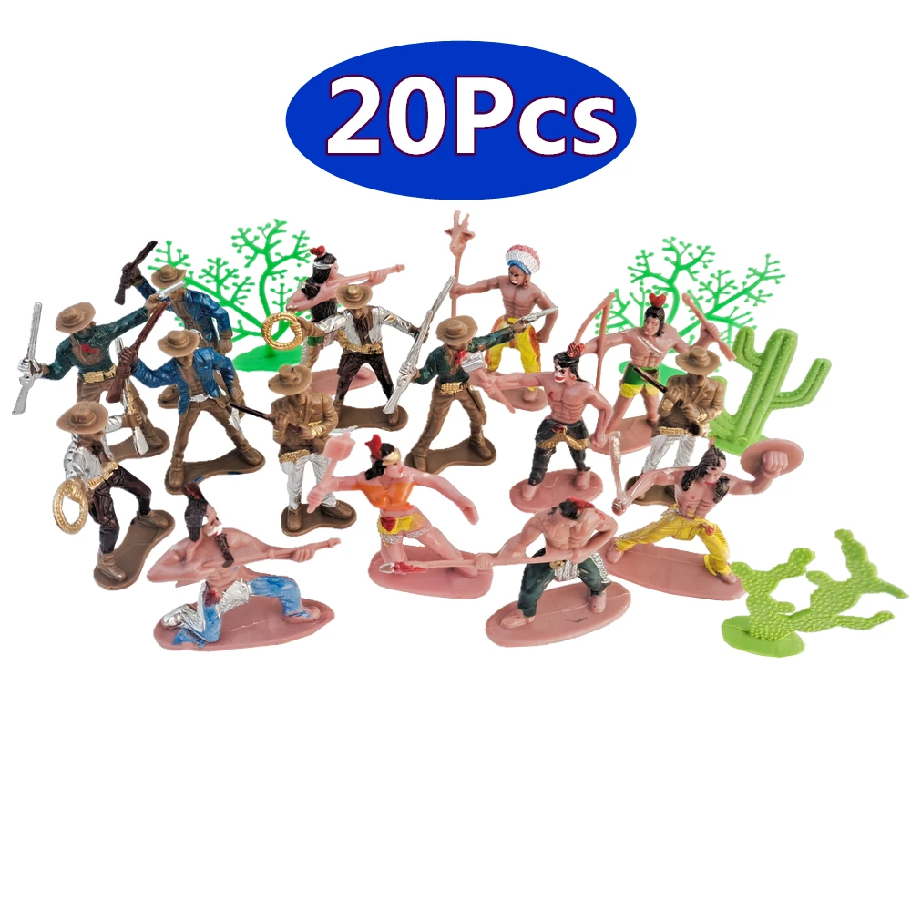 

20Pcs Indians West Cowboy Cactus Plastic Classic Toys Children Toy Gift Ancient Indian Military Soliders Model Figure Playset