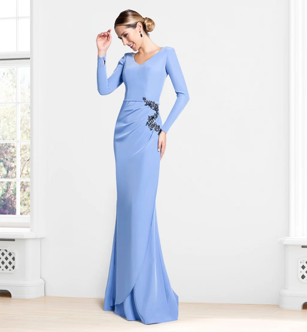 V-Neck Long Sleeve Prom Dresses Light Sky Blue Elastic Satin Sheath Floor Length Evening Gowns Dress Formal