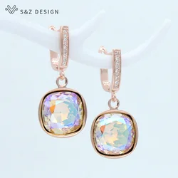 S&Z DESIGN New Fashion Colorful Square Crystal Dangle Earrings For Women Wedding Jewelry Gift 585 Rose Gold Color Eardrop
