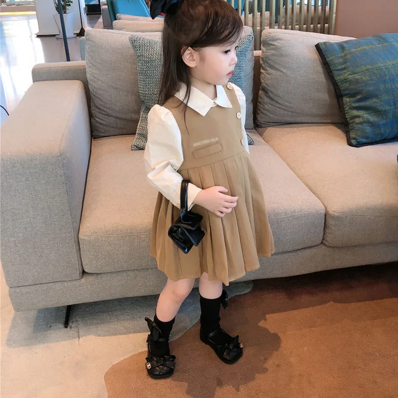 2024 Autumn Baby Girl Korean Fashion College Style Dress Fake Two Pleated Dresses