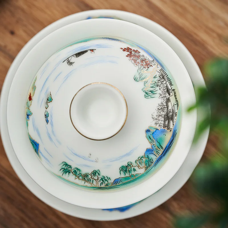 180ml Jingdezhen Landscape Ceramic Gaiwan Cup Hand-painted Tea Tureen Chinese Retro Tea Set Accessories Tea Ceremony Drinkware