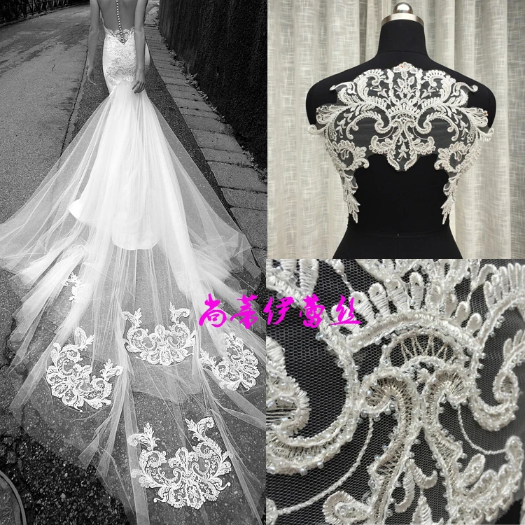 Bridal Dress Beaded  Embroidered  Applique Lace Flower DIY Veil  Applique Medallions Piece