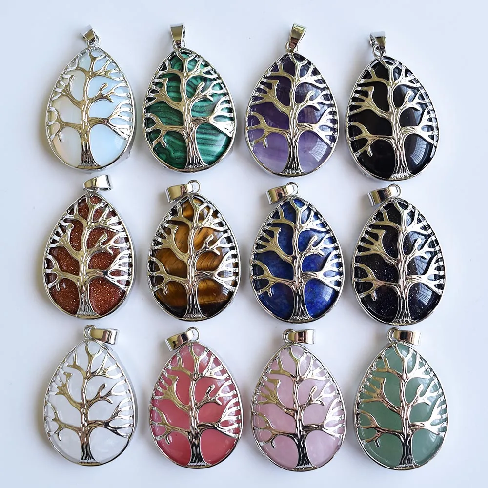 New Fashion Jewelry Amethysts Rose Pink Quartz Lapis Stone Teardrop Bead Chakra Tree Pendant 12pcs/lot Wholesale  free shipping