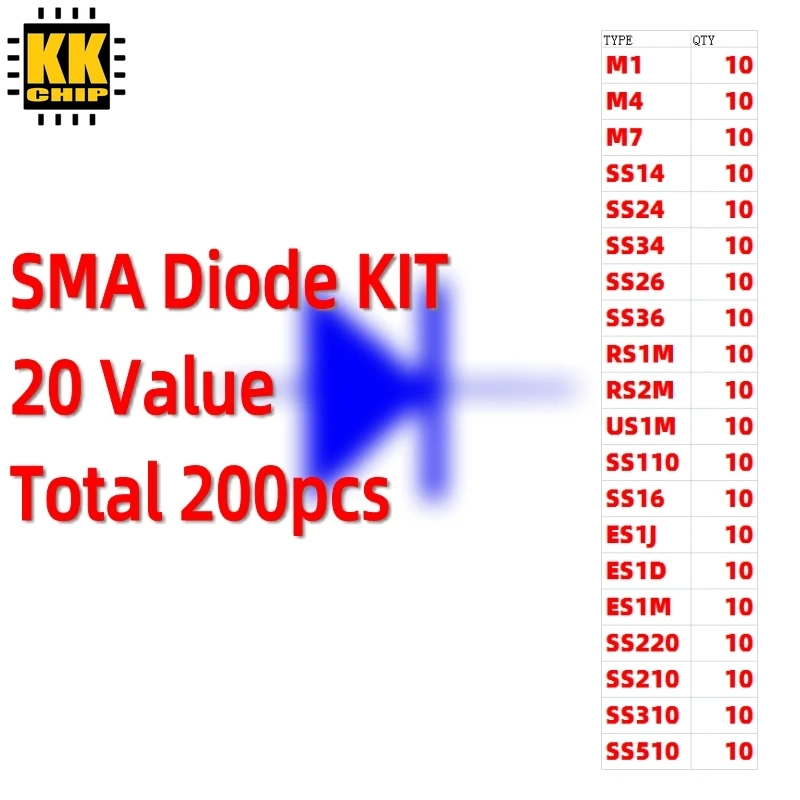 200pcs/lot SMA Diode KIT 20 Value SS14 SS24 M1 M4 M7 SS34 ES1J ES1D RS1M RS2M US1M SS16 SS26 SS36 SS220 SS210 Each10pcs