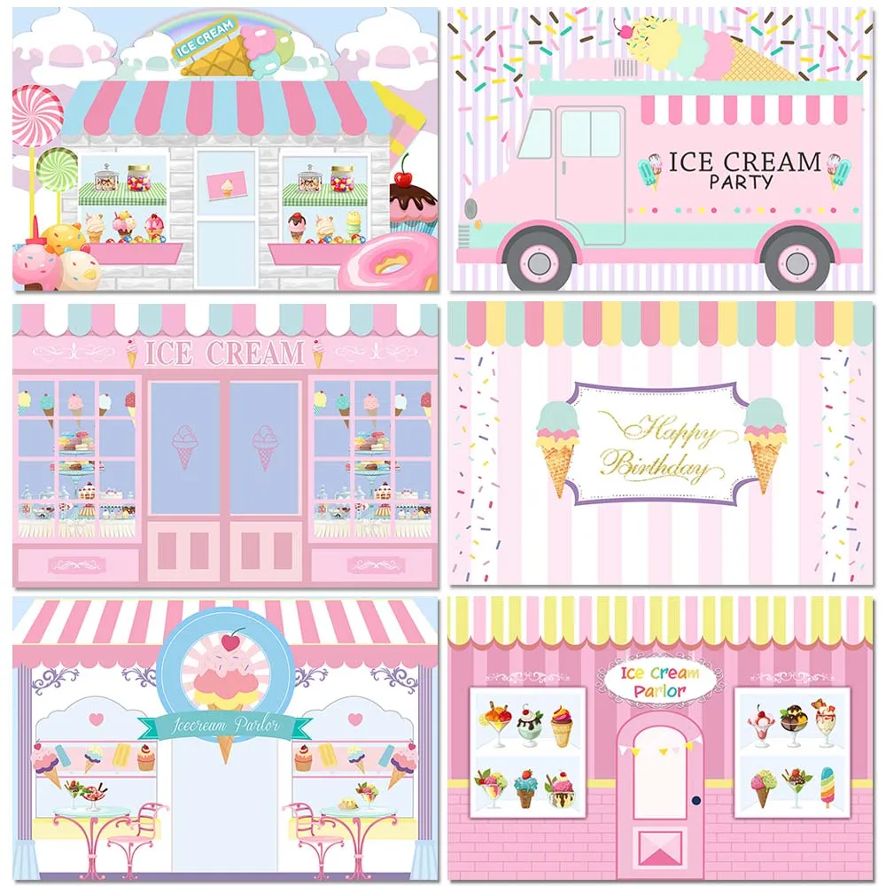 Ice Cream Birthday Party Backdrop Pink Dessert Shop Girl Photo Studio Window Cake Baby Shower Decor Banner Wallpaper Background