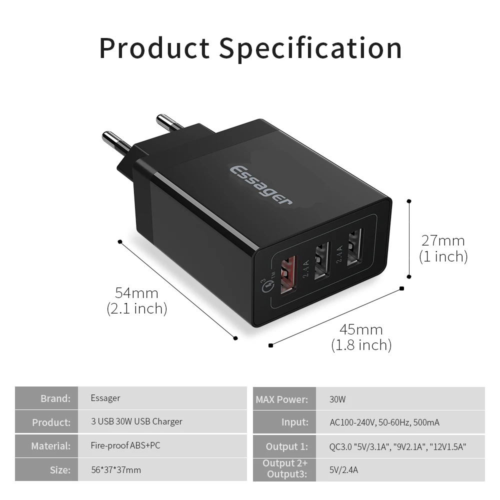 Essager USB Charger QC3.0 30W Quick Charge Wall Charger For iPhone 14 Xiaomi Samsung Fast Charger Mobile Phone Charger Adapter