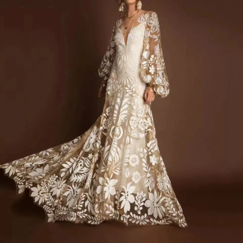 #9651 2 Pieces Long Sleeves Sexy Lace Deep V-Neck Wedding Dress Backless Beach Barn Ranch Plus Size Custom Made 2021 Mermaid