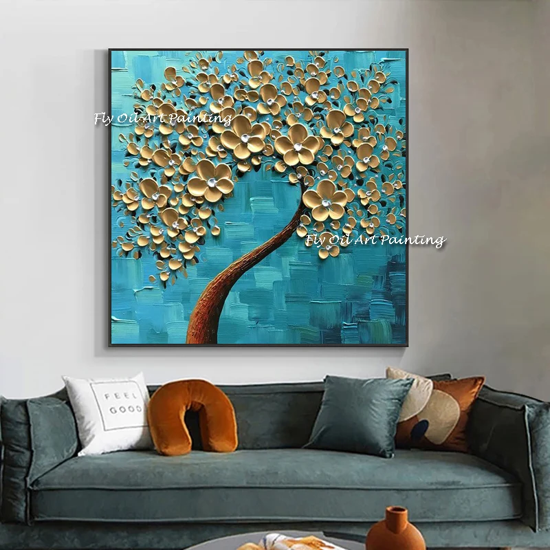 

100% Hand Painted knife thick flower Gold tree Oil Painting Modern Simple Abstract Wall Art Canvas Living Room Decor