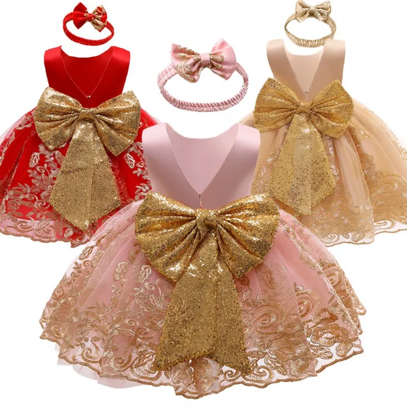 New Girls Dress with Headband Newborn Lace Princess Dresses Birthday Wear Christmas Holiday Costume Infant Party Dress For Kids