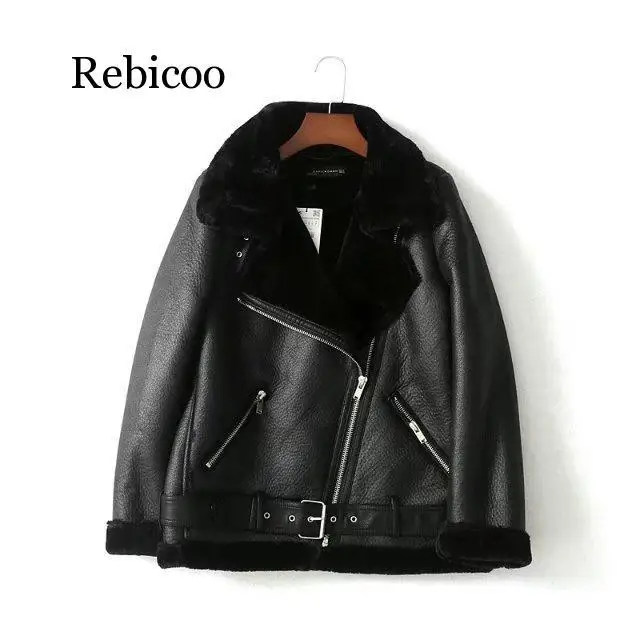 Winter Women Sheepskin Coats Thicken Faux Leather Fur Female Coat Fur Lining Leather Jacket Aviator Jacket Casaco Feminino XS-XL