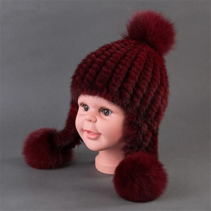 Kids Hat Winter Boy Warm Real Mink Fur Hats for Girls Natural Fox fur Pompom Cap with Earflap Children  H39