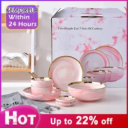 7PCS Set For 2 People Pink Marble Ceramic Dinner Dish Rice Salad Noodles Bowl Soup Plates Dinnerware Sets Tableware Kitchen Tool