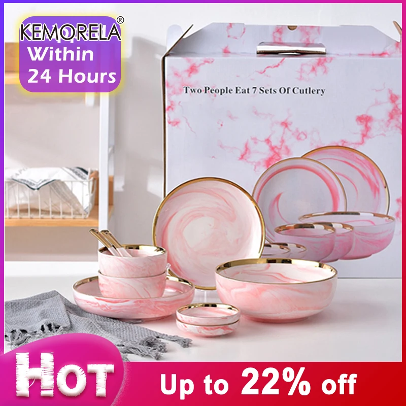 7PCS Set For 2 People Pink Marble Ceramic Dinner Dish Rice Salad Noodles Bowl Soup Plates Dinnerware Sets Tableware Kitchen Tool