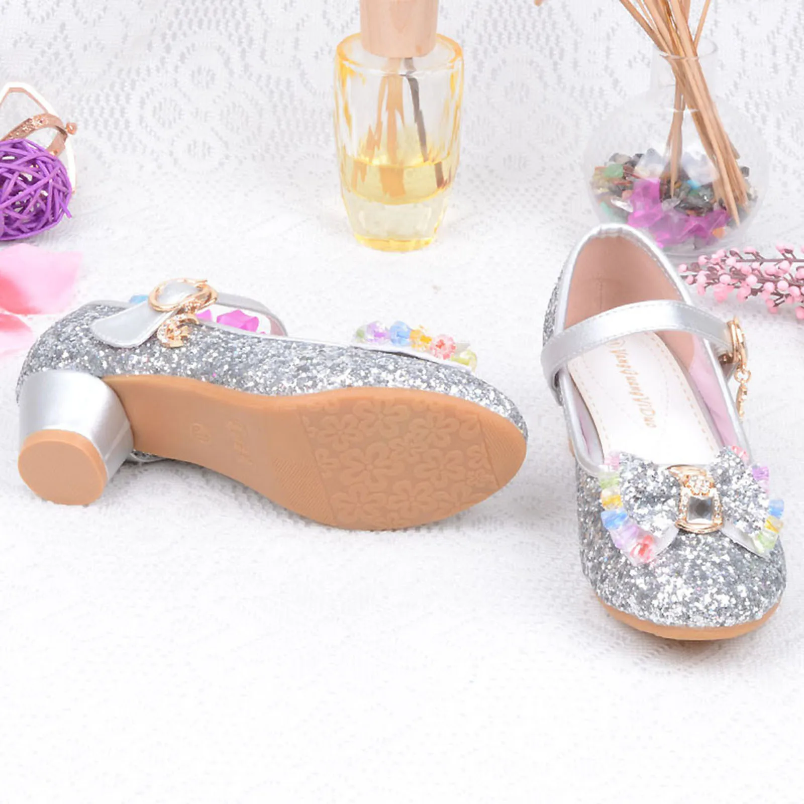 Girls Princess Leather Shoes Infant Kids Girls Pearl Crystal Bling Bowknot Single Princess Shoes Sandals High Heel Sandalias