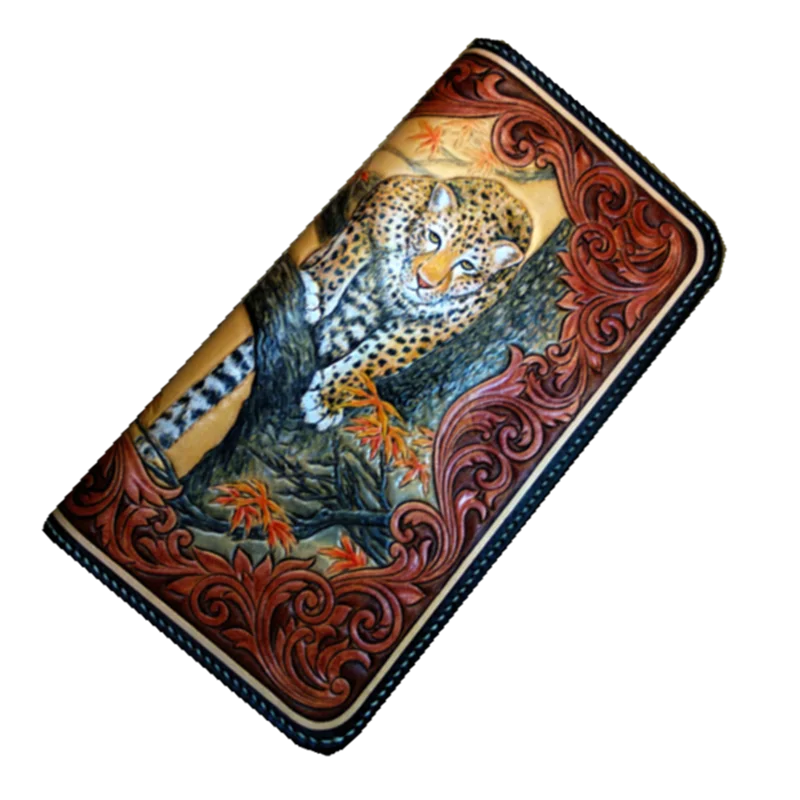 

Hand Made Genuine Leather Wallets Carving Tiger Purses Men Long Clutch Vegetable Tanned Leather Wallet Card Holder