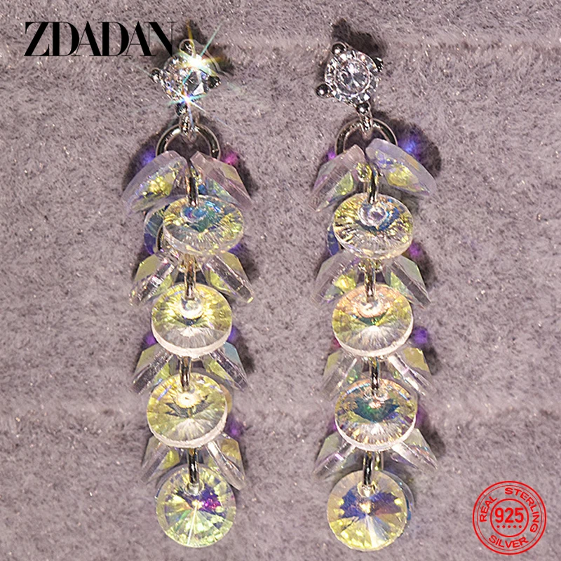 

ZDADAN 925 Sterling Silver Long Crystal Dangle Earrings For Women Fashion Wedding Party Jewelry Gift